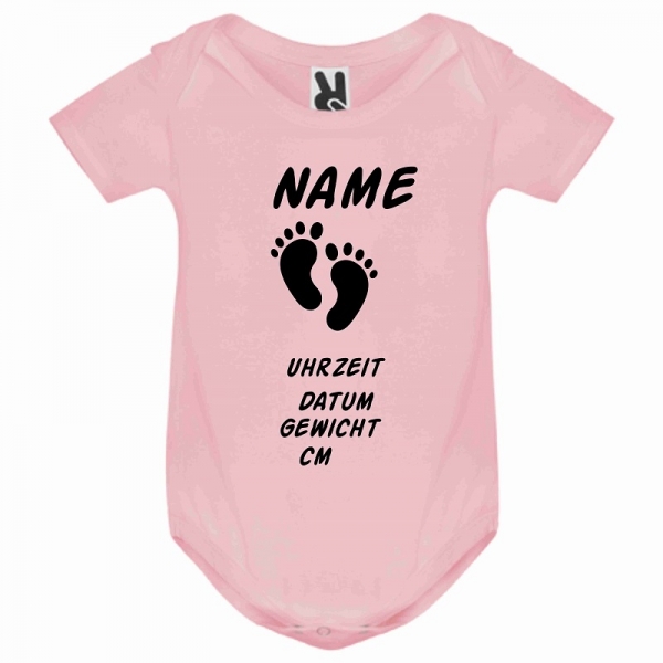 Babystrampler pink schwarz, Name-Gewicht-Größe-Uhrzeit